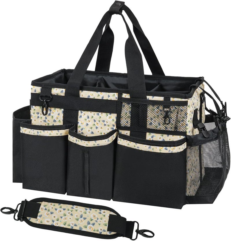 SCAVATA Wearable Cleaning Caddy, Cleaning Caddy Supplies Organizer with Handle & Shoulder Straps for Housekeepers, Under Sink & Car Cleaning Tool Organizers Bag with 4 Foldable Divider (YellowFlower) - Image 1